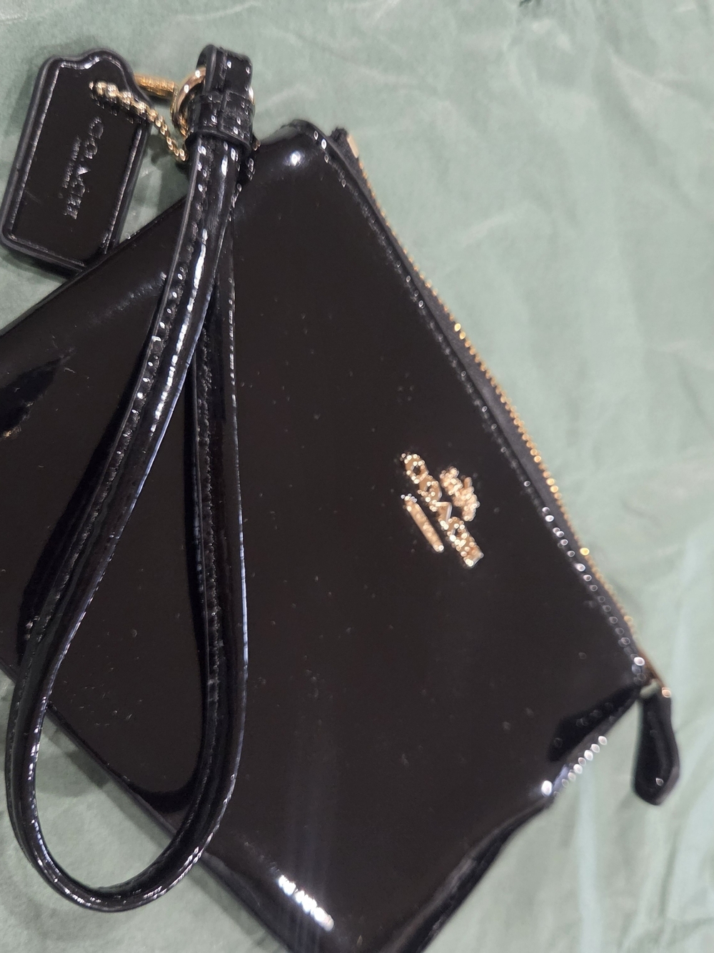 Coach Black Patent Leather Wristlet with Gold Logo - Picture 4 of 9